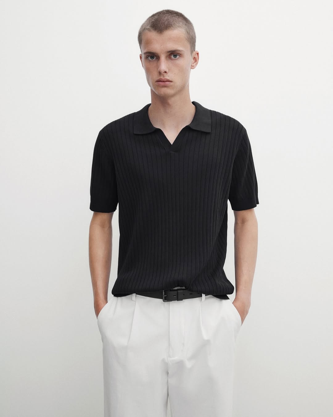 Alpha Modern Summer textured polo shirt Black