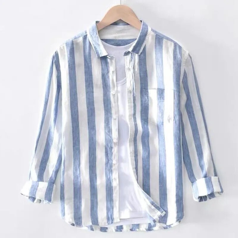 Blue and white striped outdoor shirt