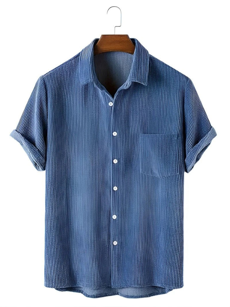 Blue Corduroy Short Sleeve Button Down Shirt